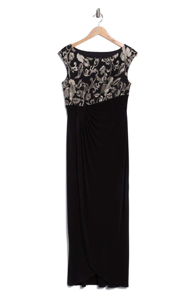 Connected Apparel Embroidered Bodice Faux Wrap Dress, Alternate, color, Gold/ Black