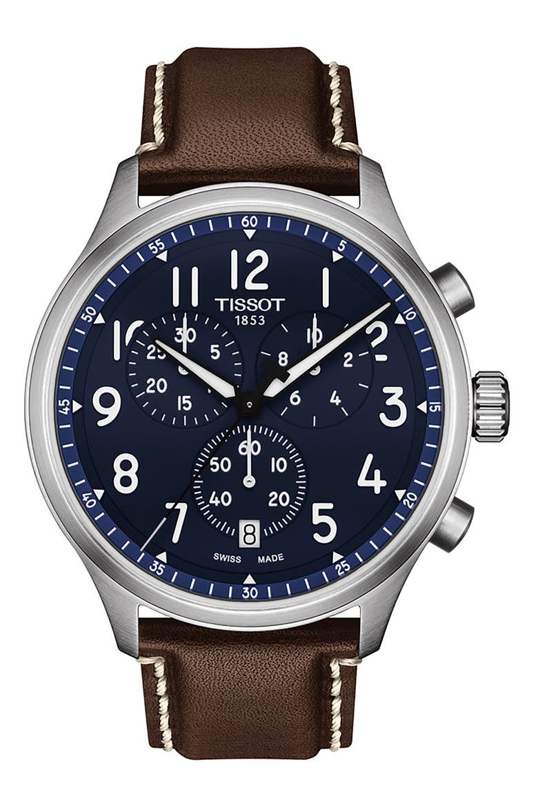 Chrono XL Chronograph Leather Strap Watch, 45mm, Main, color, BLUE