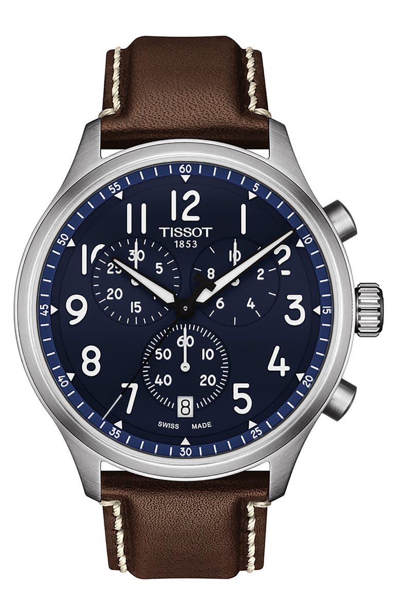 Tissot Chrono XL Chronograph Leather Strap Watch, 45mm, Main, color, Blue