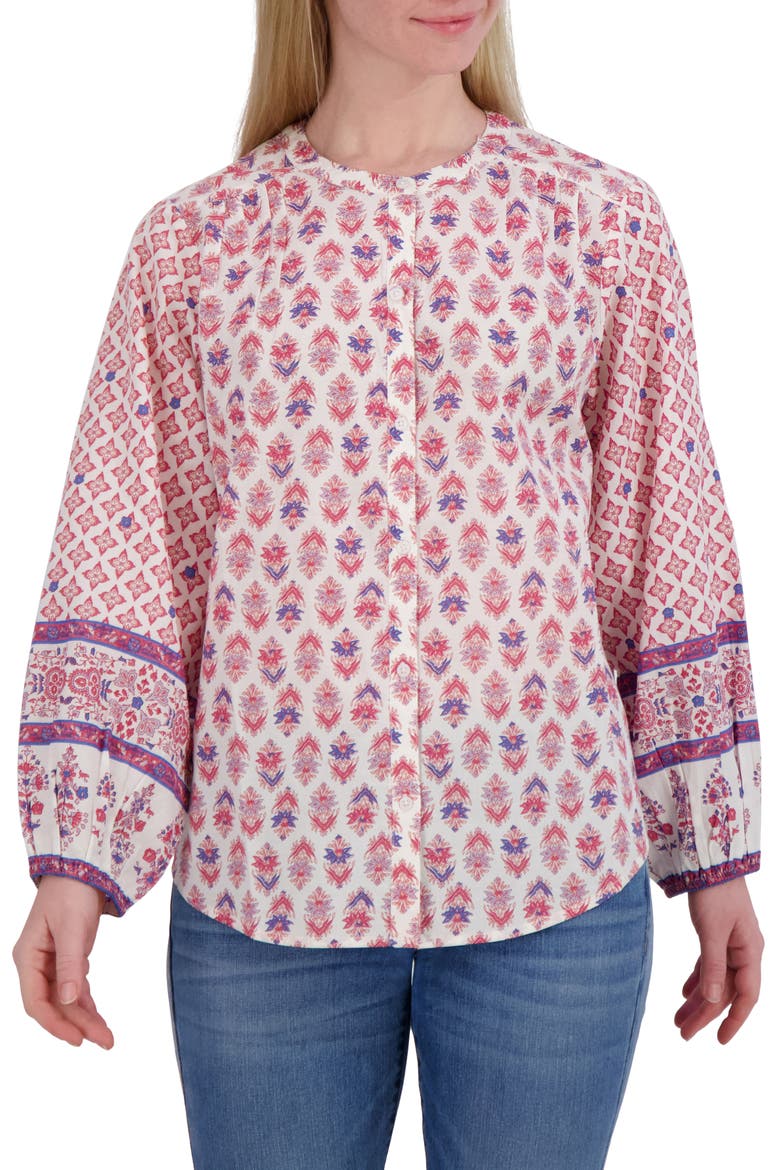 Border Print Button-Up Shirt, Main, color, PURPLE COMBO