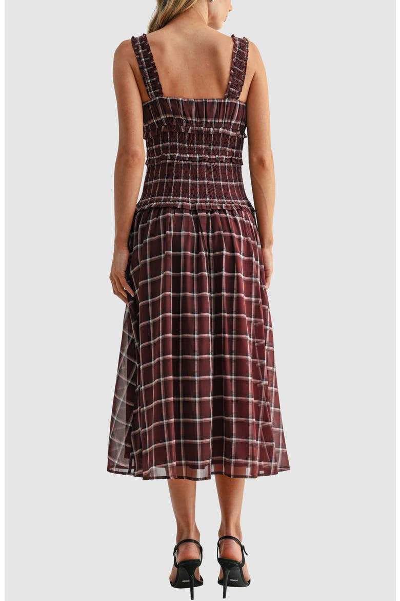 Plaid Smocked Drop Waist Midi Dress, Alternate, color, BURGUNDY PLAID