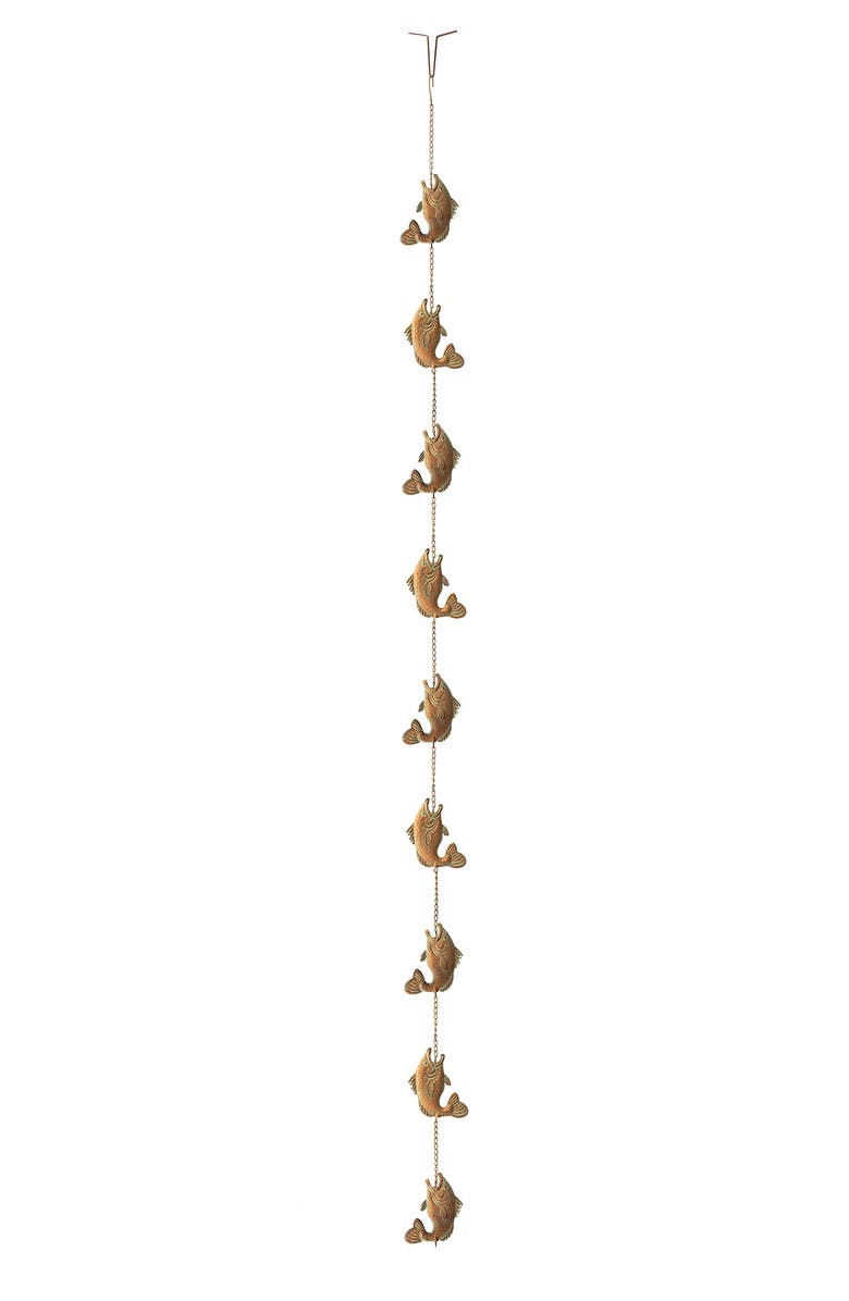 Glitzhome 8.5ft Faux Copper Patina Finish Fish Shaped Rain Chain with Clip, Main, color, Gold
