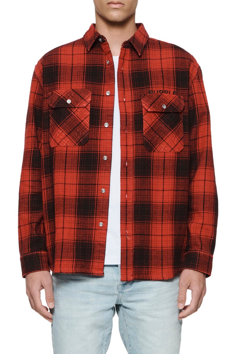 PURPLE BRAND Oversize Plaid Flannel Button-Up Shirt, Main, color, Red