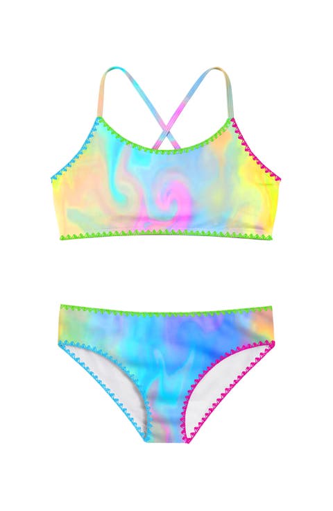 Marble Print Bikini Swimsuit with Embroidered Trim