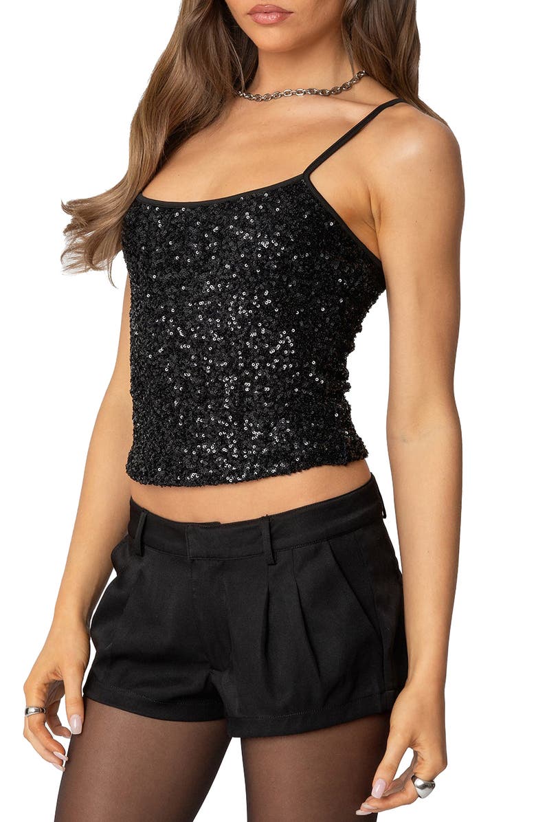 EDIKTED Celene Sequin Camisole, Alternate, color, Black