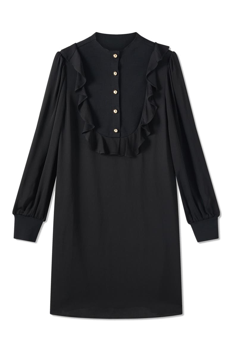 Daisy Ruffle Detail Long Sleeve Crepe Shift Dress, Alternate, color, BLACK