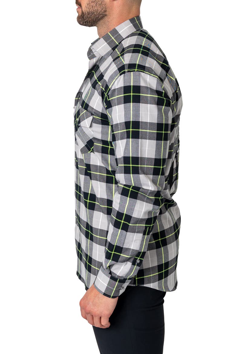 Plaid Embroidered Cotton Flannel Button-Up Shirt, Alternate, color, BLACK