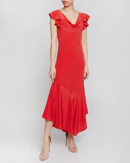 Santorelli Laurel Silk Flutter Sleeve Hi-lo Silk Midi Dress In Vermilion