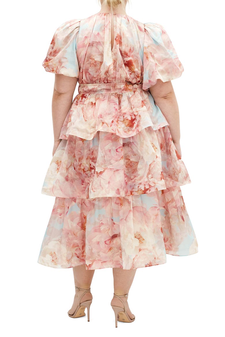 Heavenly Floral Puff Sleeve Tiered Midi Dress, Alternate, color, FLORAL DREAMS