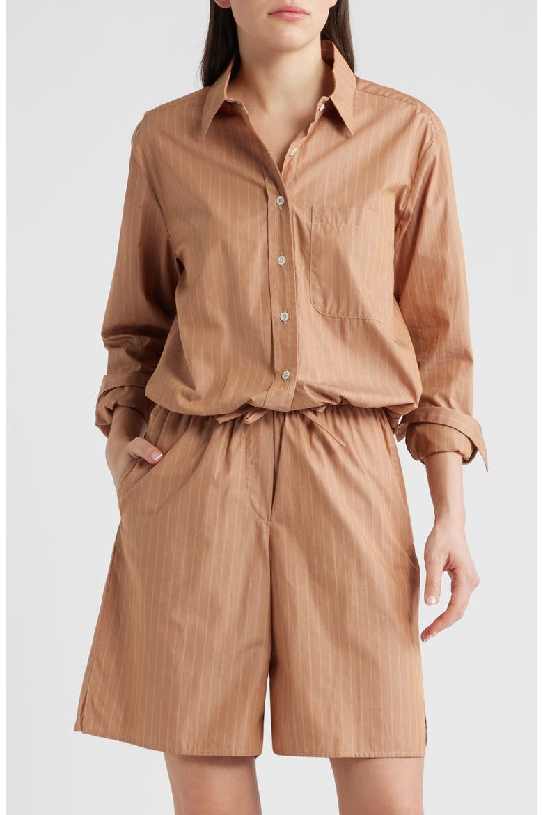 Cinch Waist Button-Up Shirt, Main, color, DUNE STRIPE