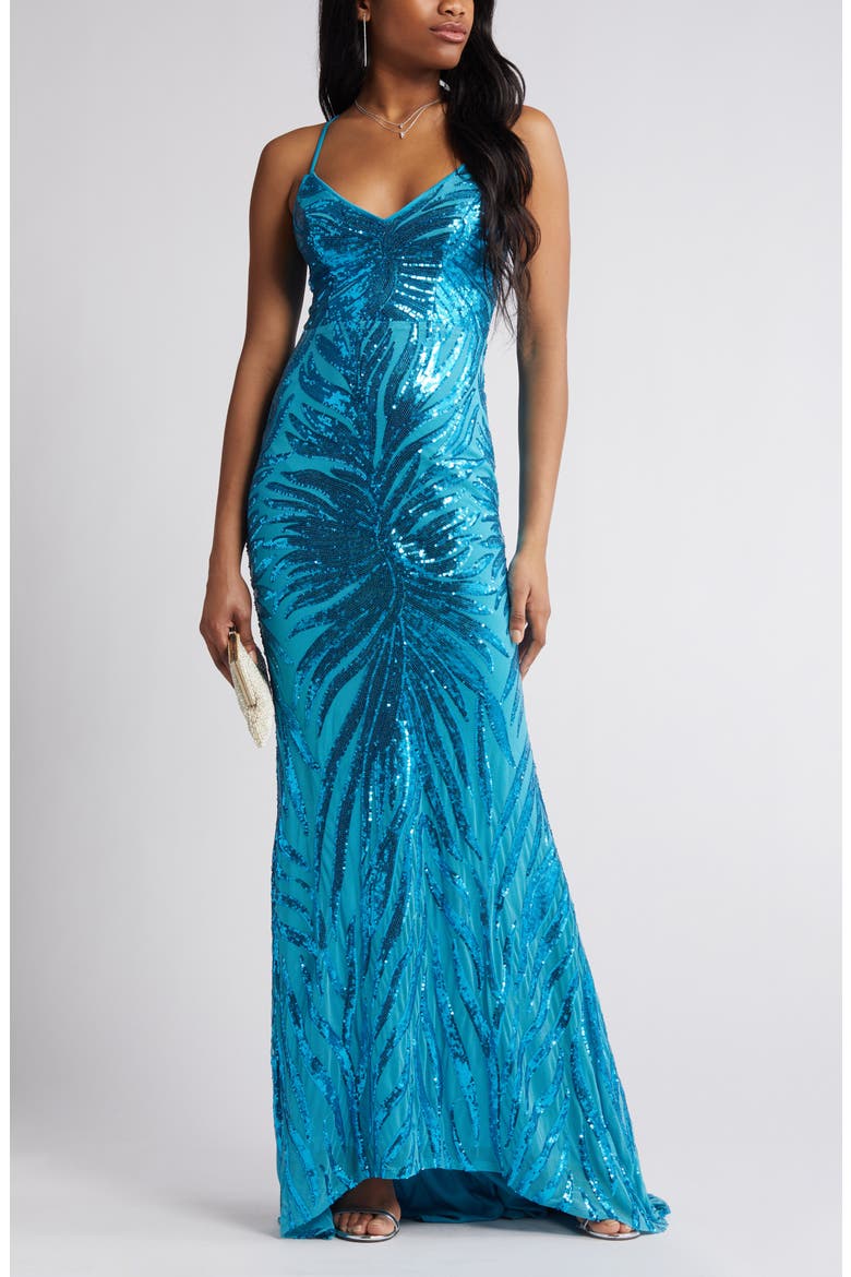 Sparkle Til Dawn Sequin Mermaid Gown, Main, color, SHINY LIGHT BLUE