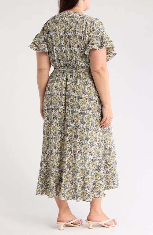 Max Studio Short Sleeve Wrapped Midi Dress In Green