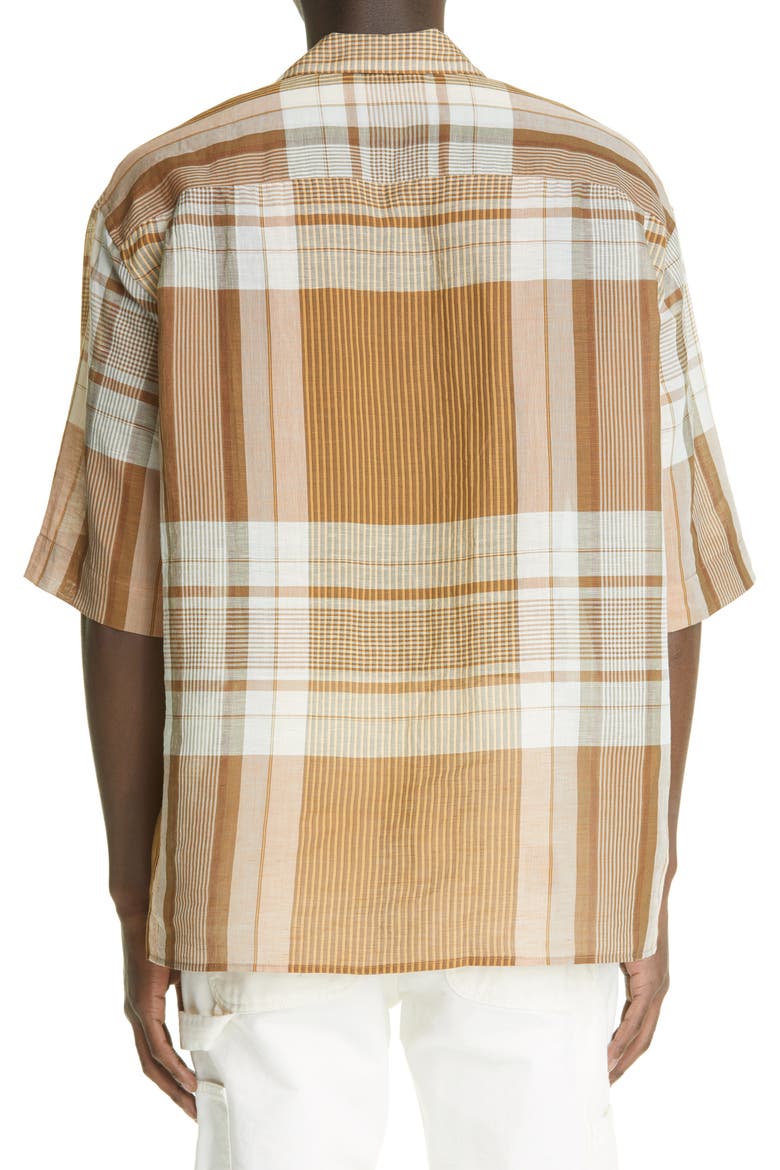 Plaid Cotton & Linen Button-Up Camp Shirt, Alternate, color, 125 LIGHT YELLOW W/ LIGHT BLUE