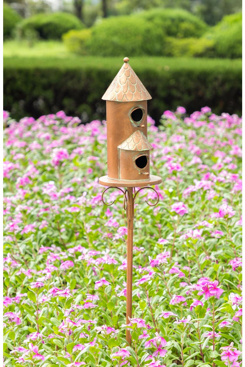 Farmhouse Faux Copper 2-Tiered Metal Decorative Garden Birdhouse with Stake, Alternate, color, Copper