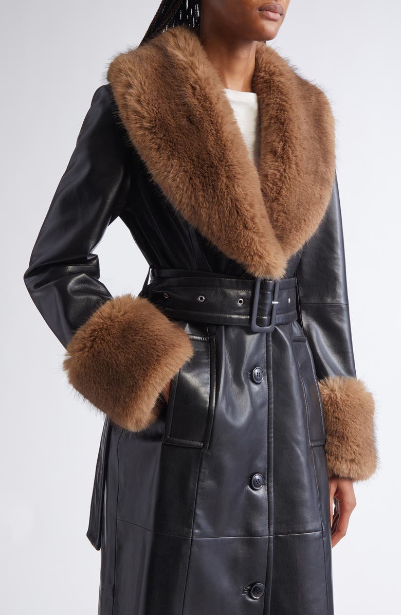 Stand Studio Estella Belted Faux Leather Coat with Faux Fur Trim, Alternate, color, Black/ Natural