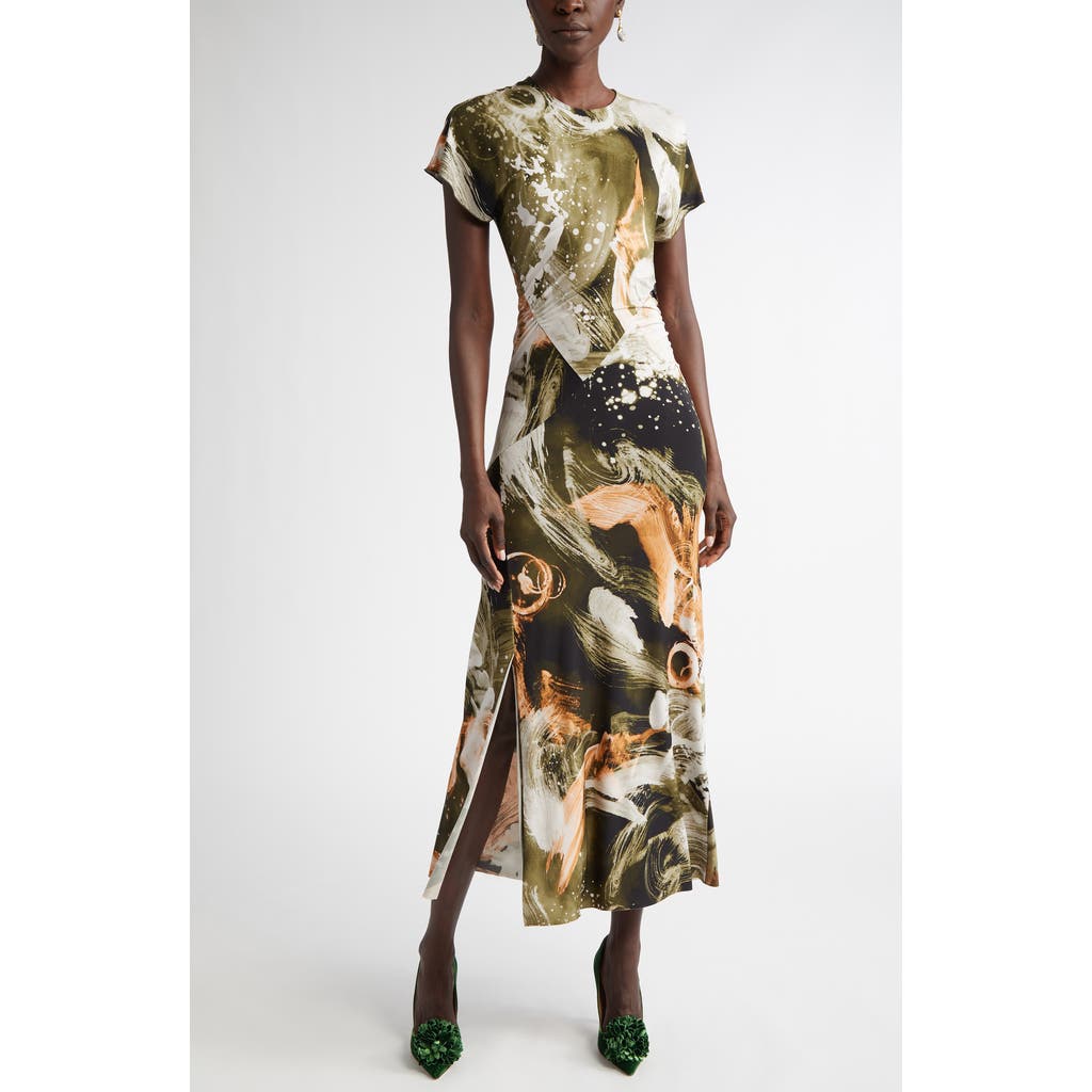 Jason Wu Collection Brushstroke Print Cap Sleeve Jersey Midi Dress In Green