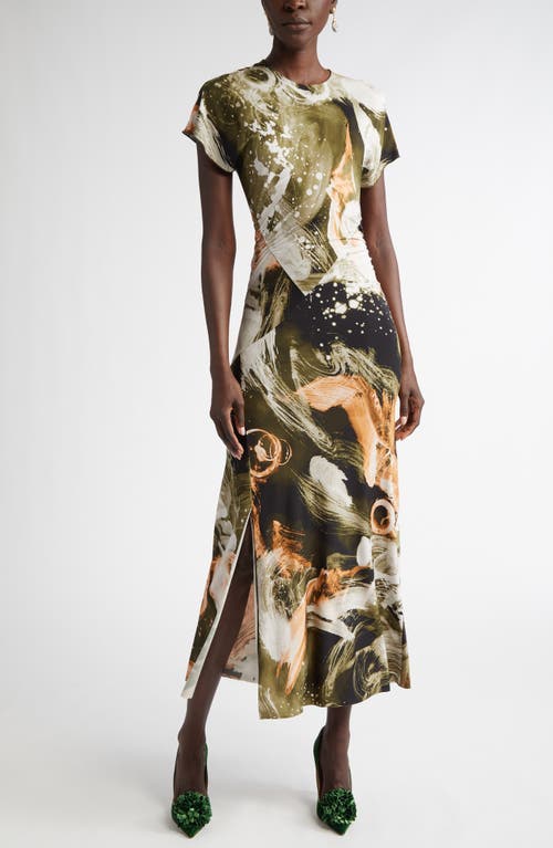 Jason Wu Collection Brushstroke Print Cap Sleeve Jersey Midi Dress In Olive/apricot Multi