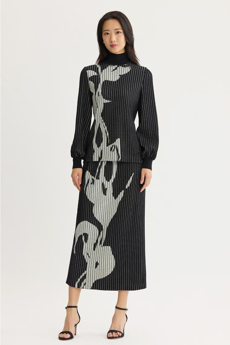 Mock Neck Floral Soft Ribbed Knit Top, Alternate, color, Black/Ivory