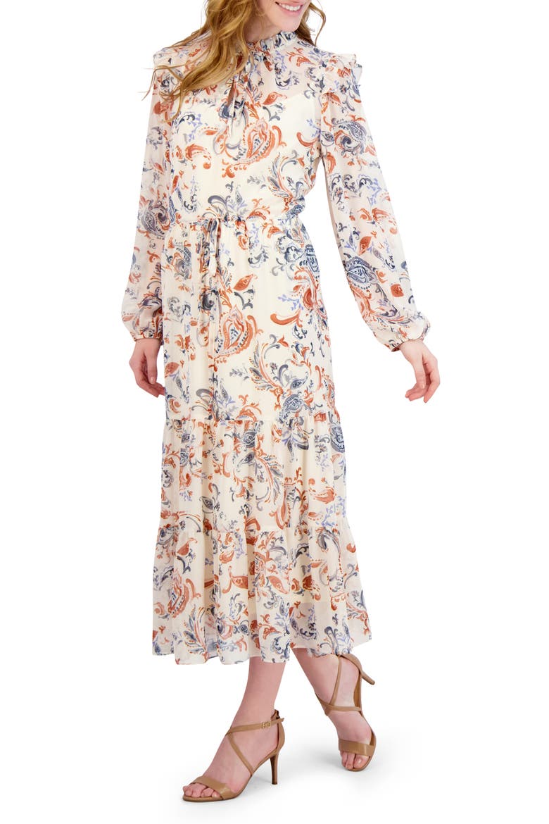 Floral Print Long Sleeve Midi Dress, Alternate, color, IVORY MULTI