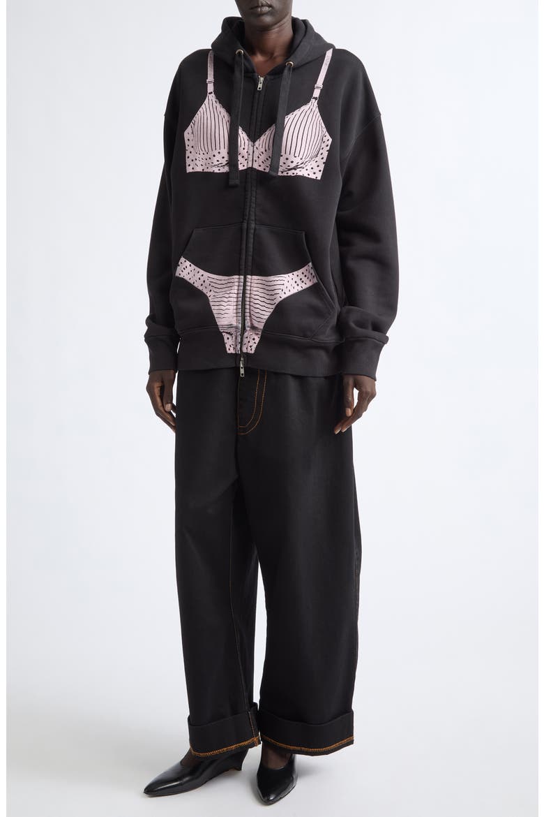 Oversize Trompe l'Oeil Lingerie Zip Graphic Hoodie, Alternate, color, BLACK
