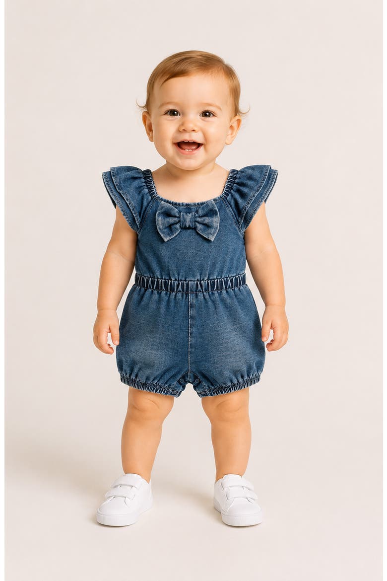 Bow Front Flutter Sleeve Stretch Cotton Blend Knit Denim Romper, Alternate, color, MED STONE