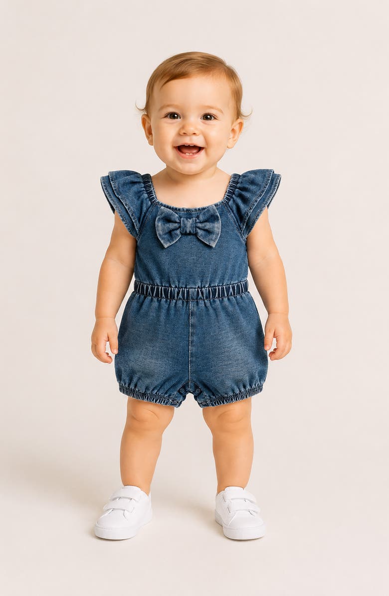 Habitual Kids Bow Front Flutter Sleeve Stretch Cotton Blend Knit Denim Romper, Alternate, color, Med Stone