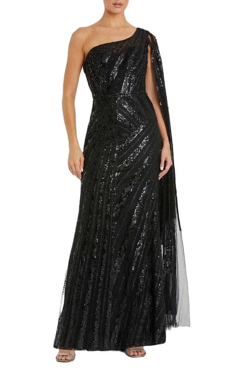 Mac Duggal One Shoulder Cape Sleeve Embellished Gown, Main, color, Black