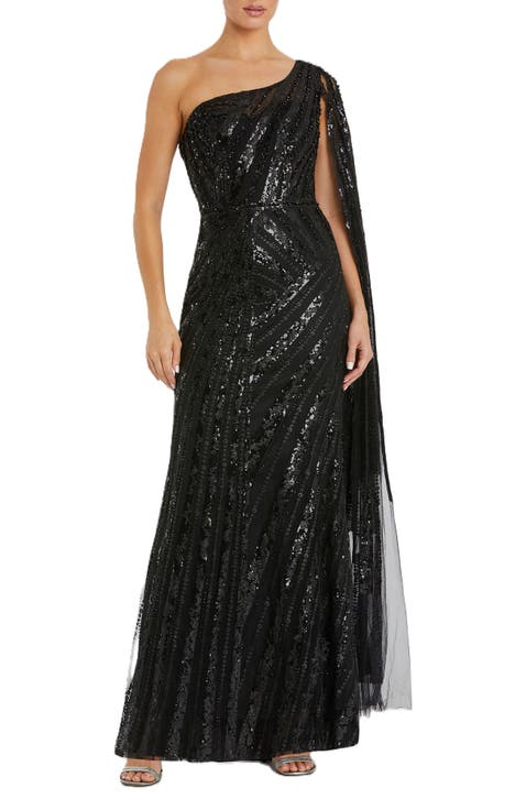 One Shoulder Cape Sleeve Embellished Gown