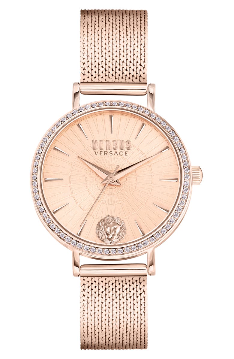 VERSUS Versace Mar Vista Three-Hand Quartz Swarovski Crystal Mesh Strap Watch, 34mm, Main, color, Rosegold