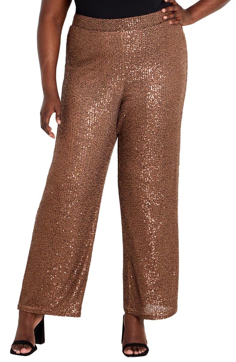 City Chic Nalani Sequin Wide Leg Pants, Main, color, Brown Shimmer