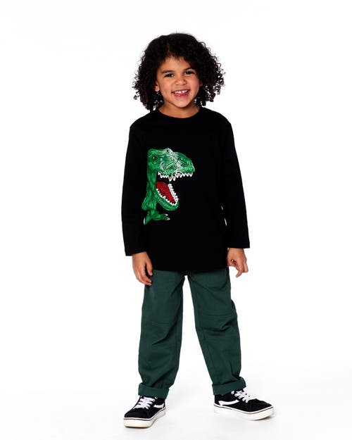 Deux Par Deux Long Sleeve Jersey Tee Shirt With Dinosaur In Black