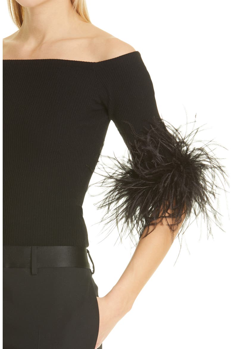 Feather Trim Off the Shoulder Cashmere Knit Top, Alternate, color, 1000 NOIR