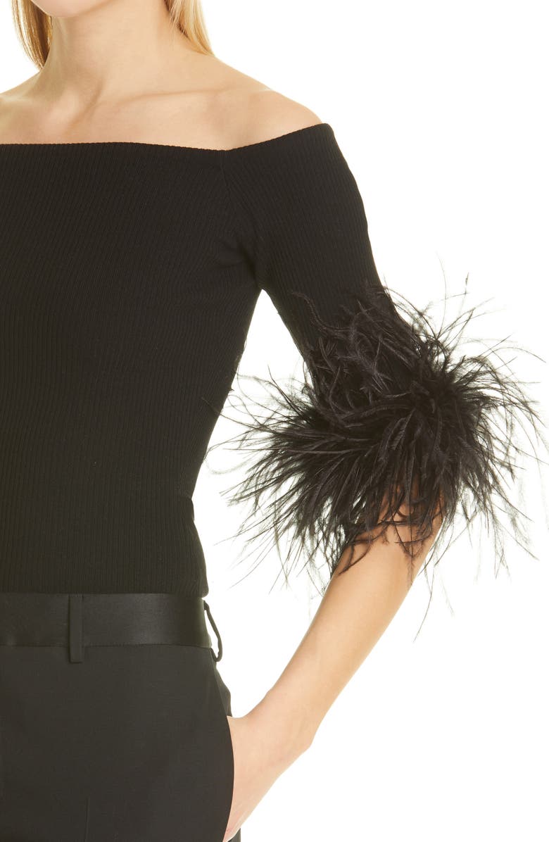 Saint Laurent Feather Trim Off the Shoulder Cashmere Knit Top, Alternate, color, 
