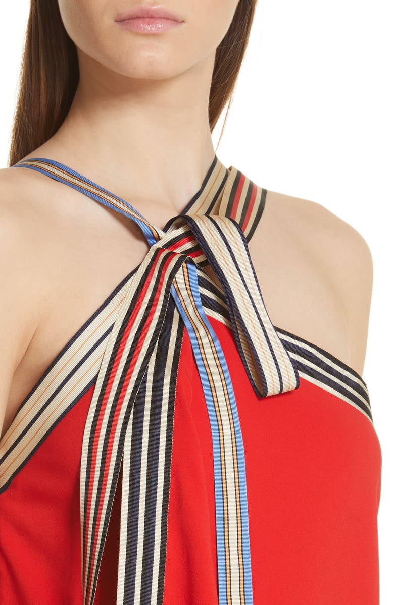 MONSE Grosgrain Tie Neck Asymmetrical Midi Dress, Alternate, color, 