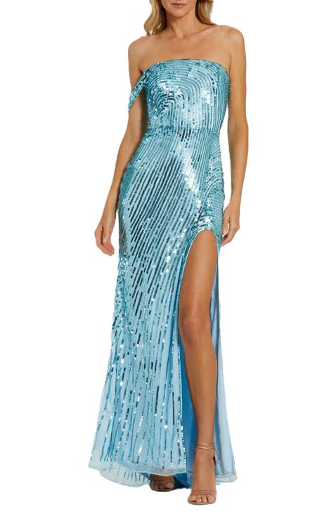 One Shoulder Mesh Sequin Gown With Slit