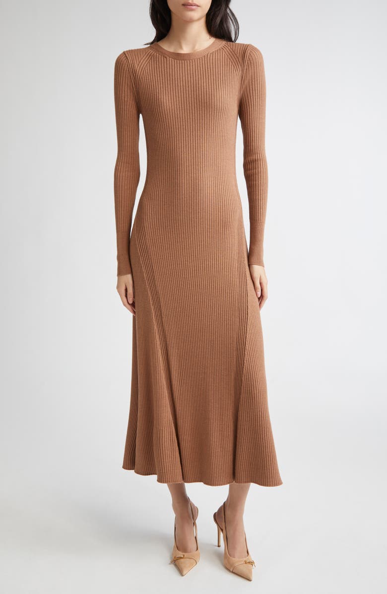 Eleventy Long Sleeve Wool & Silk Rib Sweater Dress, Main, color, 157 Cognac