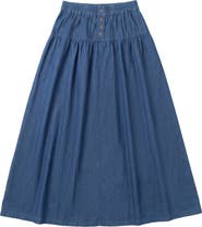 Noni Daily Button Denim Tiered A-Line Long Skirt