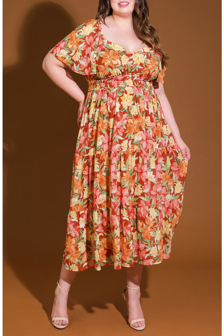 Printed Woven Tiered Maxi Dress, Alternate, color, BRICK