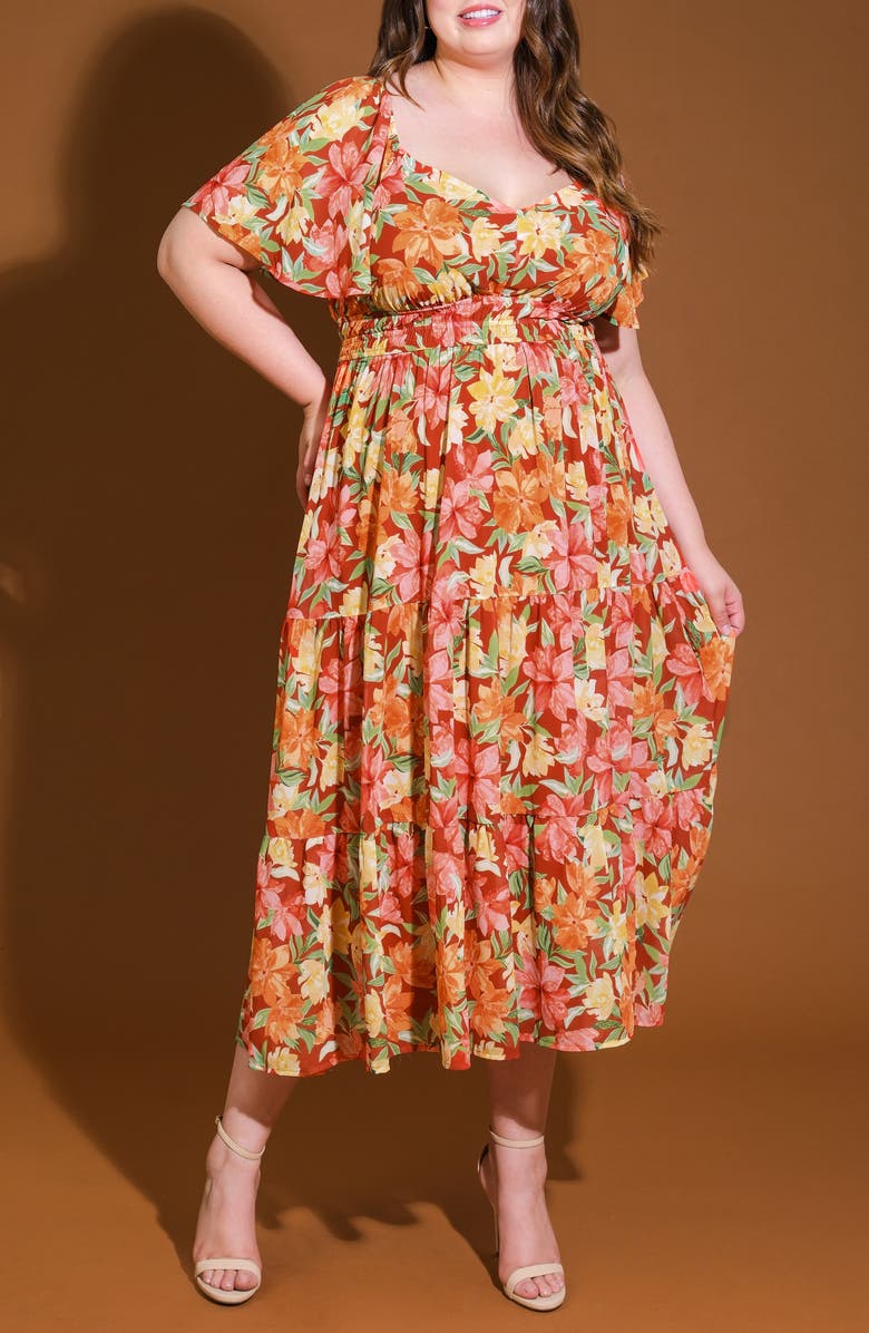 FLYING TOMATO Printed Woven Tiered Maxi Dress, Alternate, color, Brick