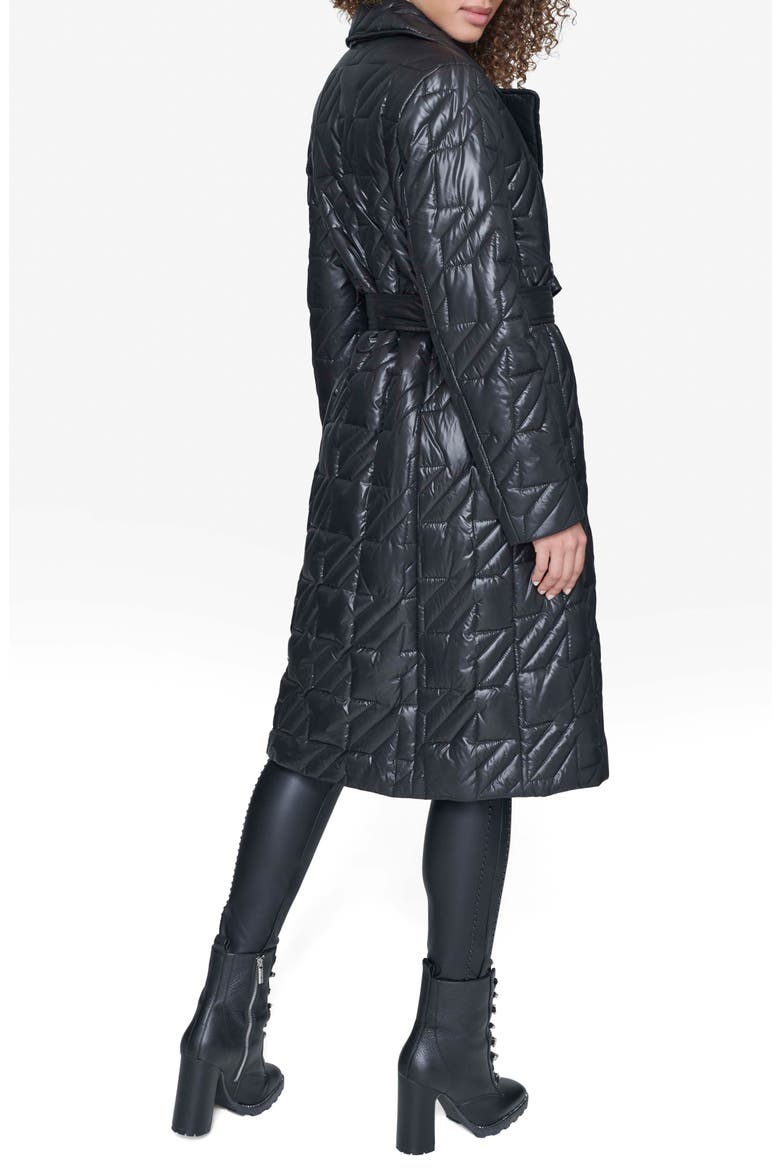 Houndstooth Quilted Tie Belt Double Breasted Trench Coat, Alternate, color, BLACK