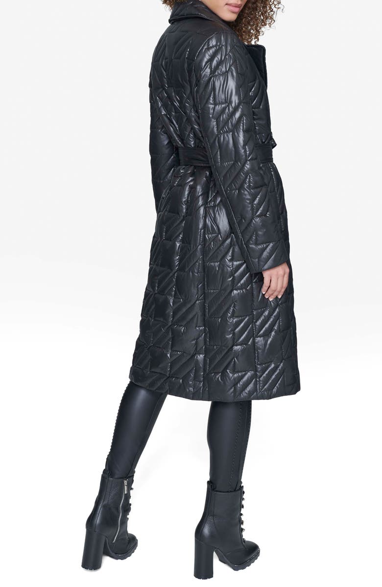 KARL LAGERFELD PARIS Houndstooth Quilted Tie Belt Double Breasted Trench Coat, Alternate, color, Black