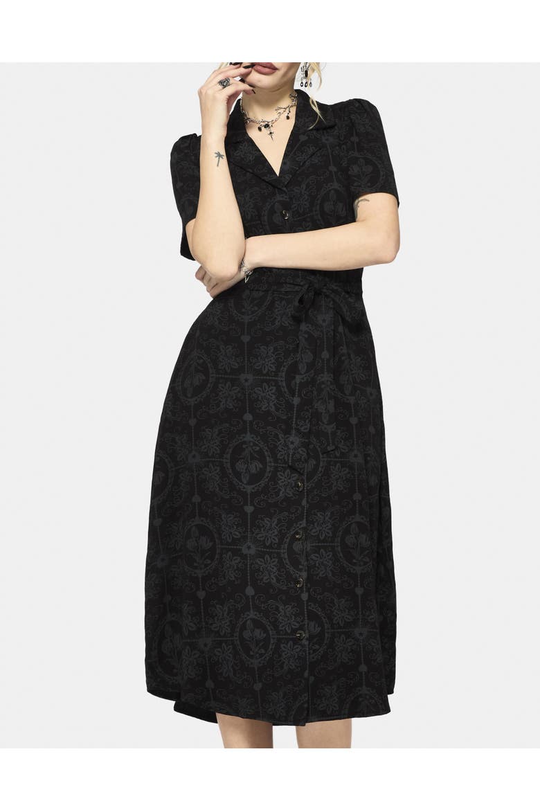 Cameo Floral Tie Belt Midi Shirt Dress, Alternate, color, Black