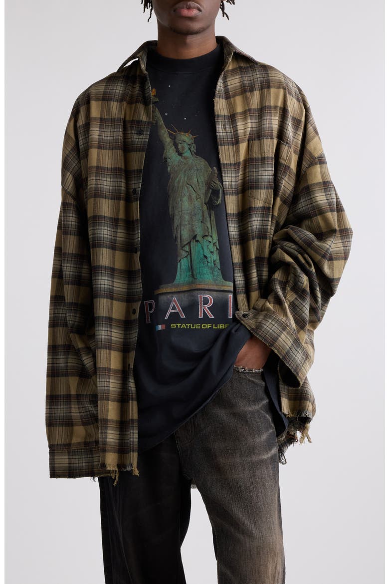 Layered Plaid Distressed Paris Liberty Graphic Top, Main, color, LIGHT KHAKI