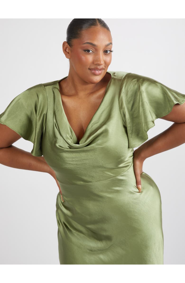 Six Stories Flutter Sleeve Satin Bridesmaid Dress, Alternate, color, Moss Green