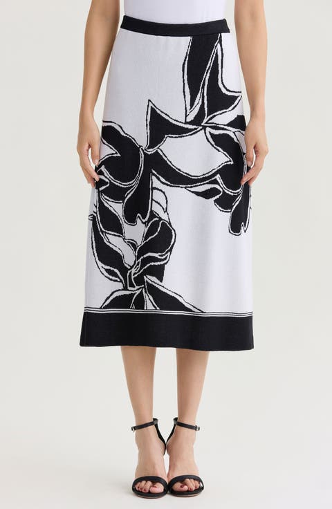 A-Line Floral Jacquard Soft Knit Midi Skirt