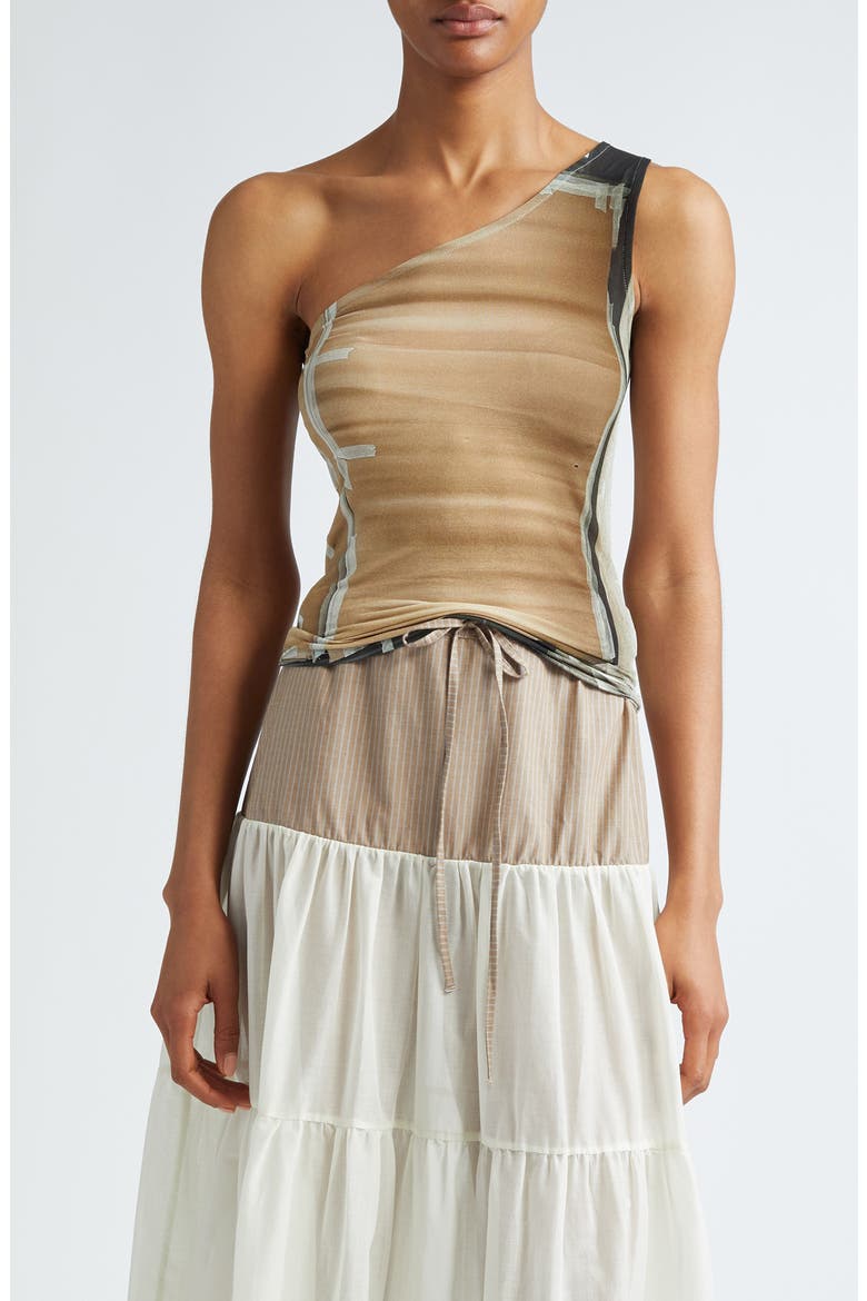 Colu Construction Print One-Shoulder Top, Main, color, BROWN