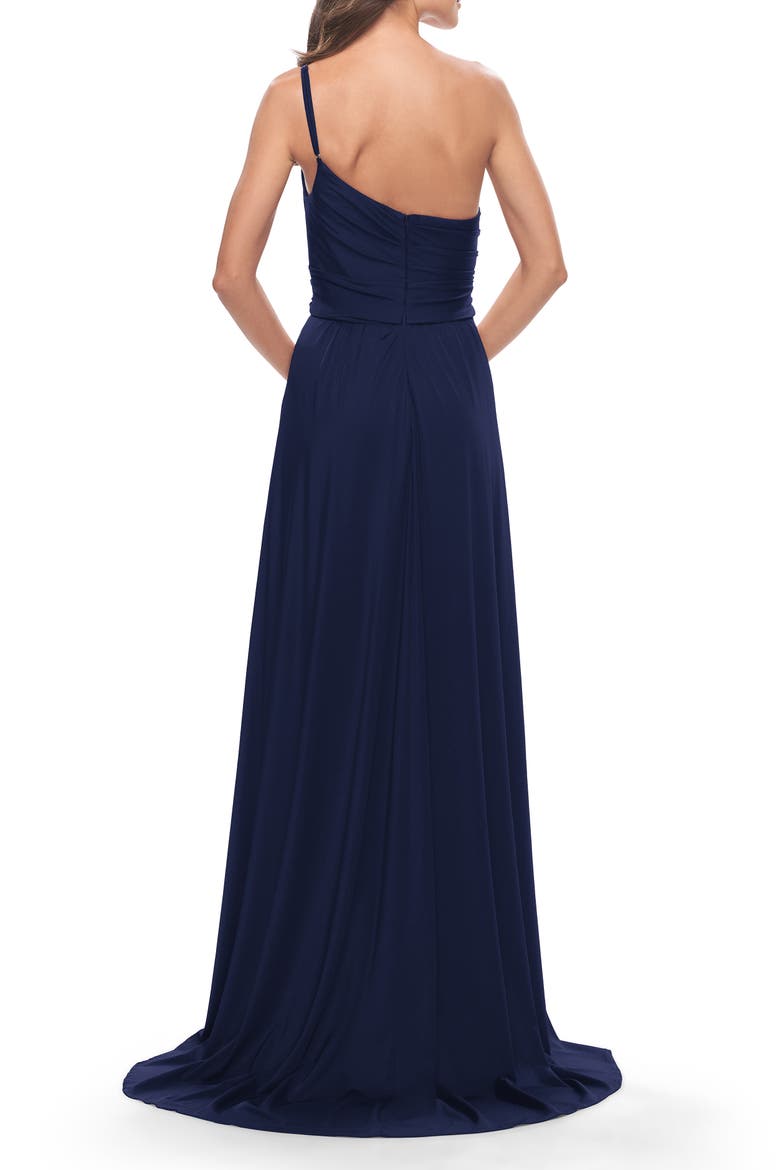 Chic One Shoulder Long Jersey Gown with Defined Waist, Alternate, color, Navy