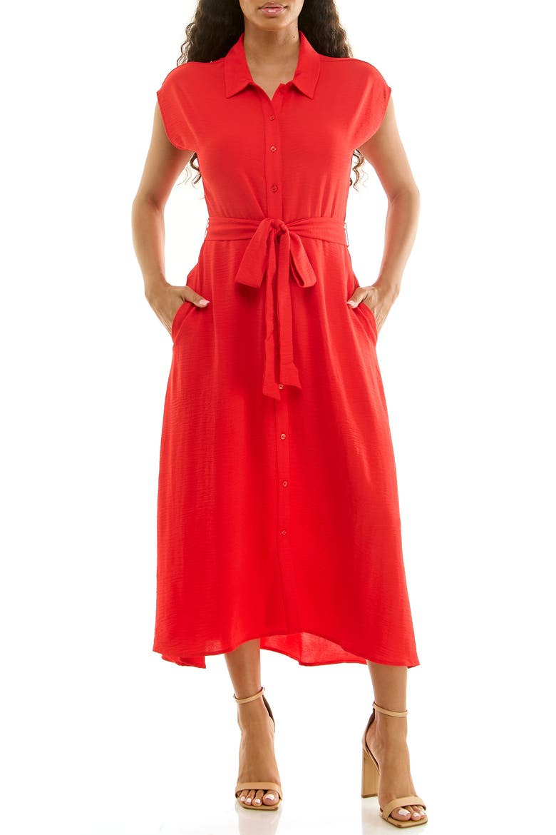 Tie Waist Midi Shirtdress, Main, color, POPPY RED