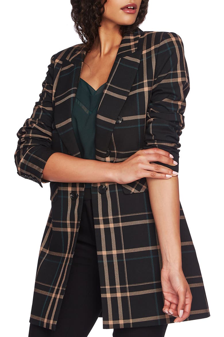Dynamite Plaid Ruched Sleeve Blazer, Main, color, RICH BLACK