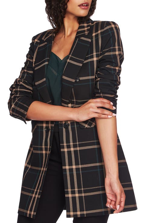 Dynamite Plaid Ruched Sleeve Blazer